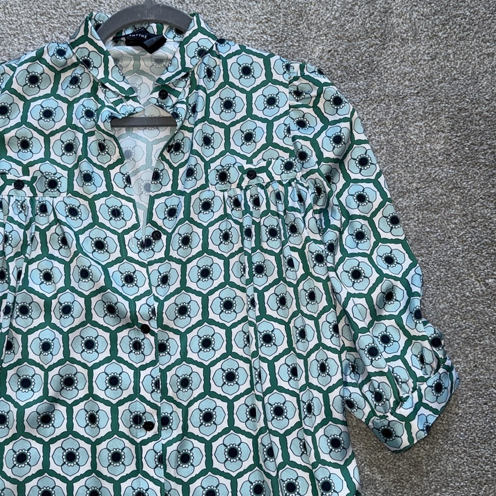 Smythe Teal and White Geometric Button Down Shirt, XS - Picture 9 of 10